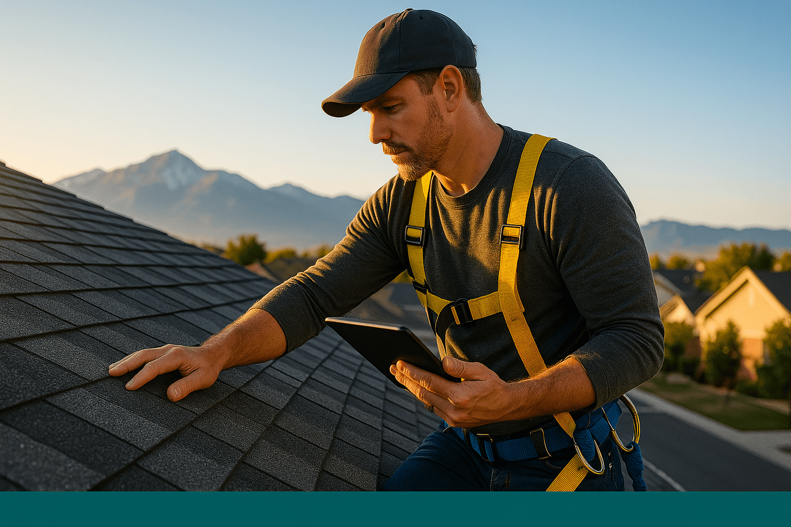 Professional roofing contractor inspecting residential roof