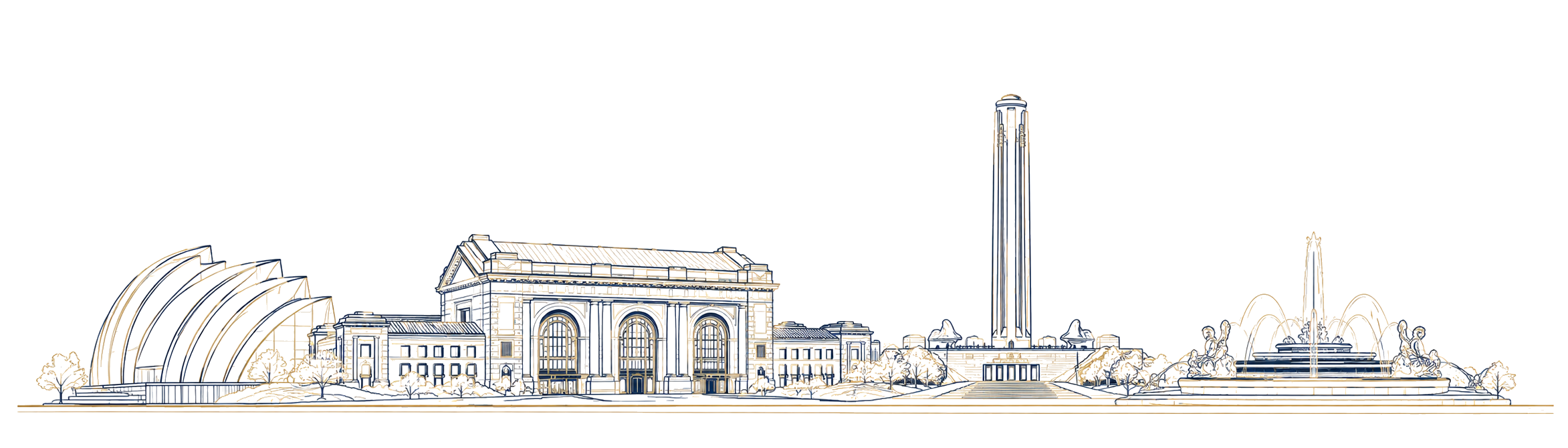 Kansas City skyline — the Kauffman Center, Union Station, the National WWI Museum tower, and the J.C. Nichols Memorial Fountain