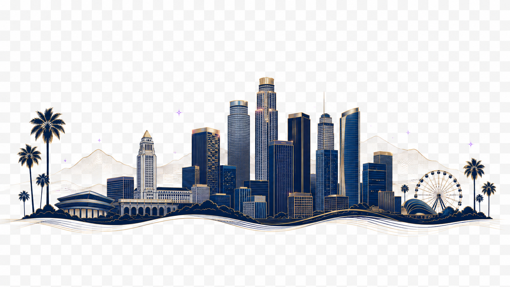 Los Angeles skyline — City Hall, the downtown high-rises, and palms