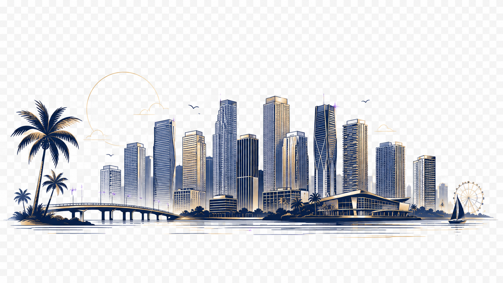 Miami skyline — downtown waterfront towers, palms, and the causeway
