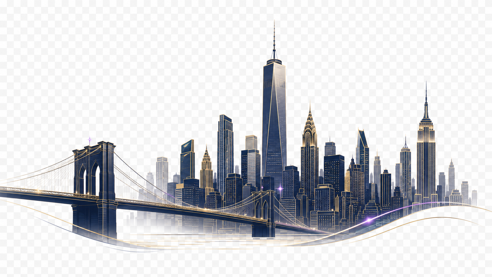 New York skyline — One World Trade Center, the Empire State Building, and the Brooklyn Bridge