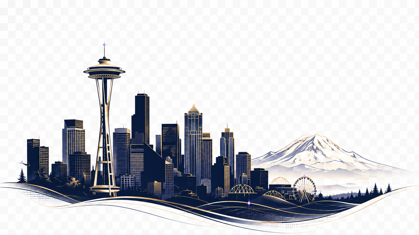 Seattle skyline — the Space Needle, downtown, Mount Rainier, and the Great Wheel
